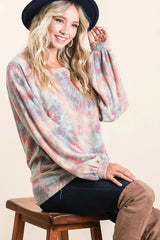 BiBi Brushed Tie Dye Print Top with Puff Sleeves TIE DYE / S