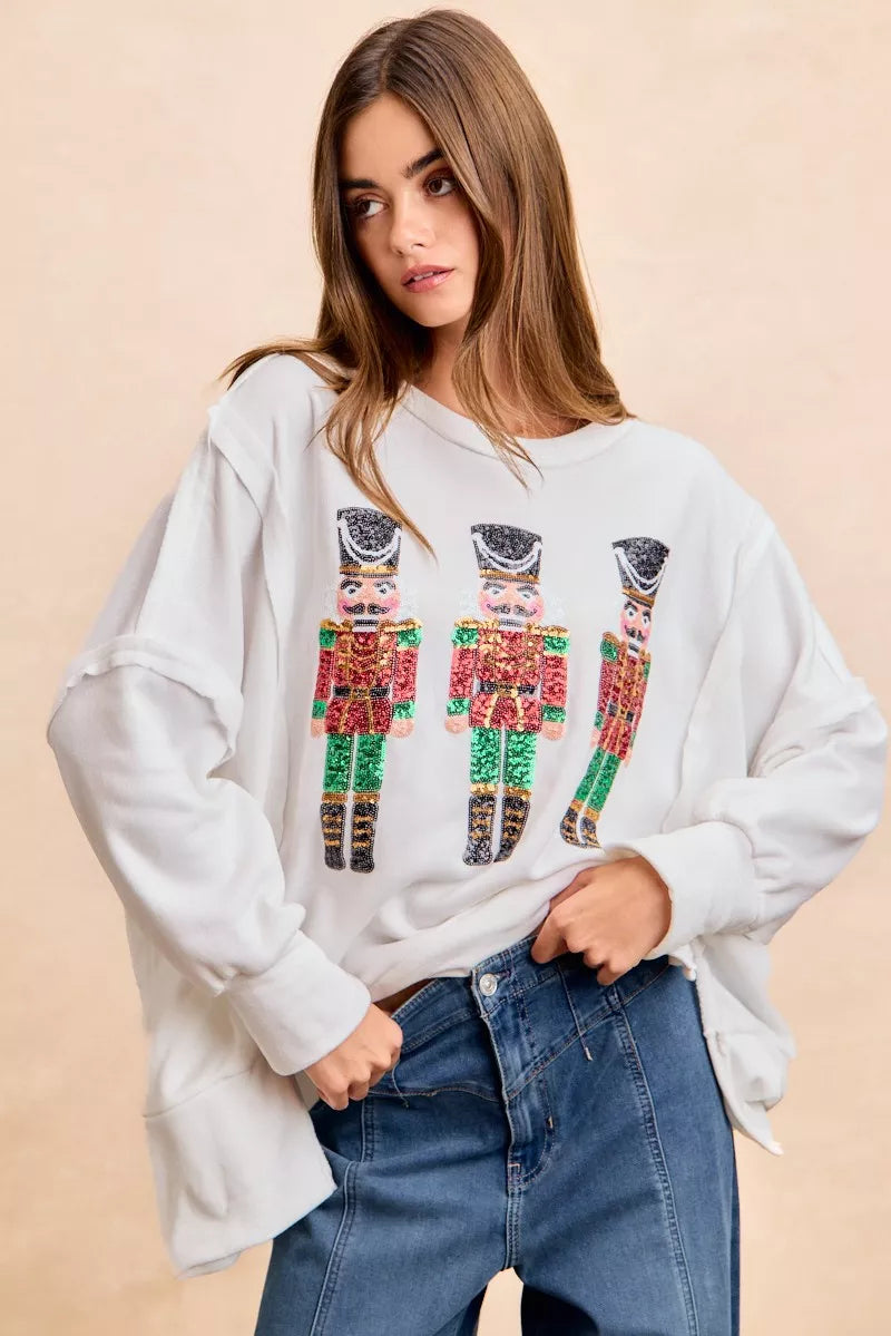 BiBi Christmas Sequin Nutcrackers Embroidery Sweatshirt OFF WHITE / S