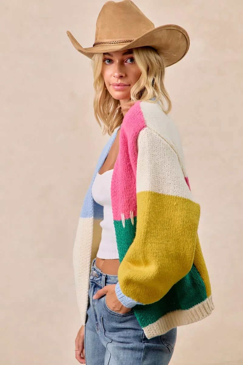 BiBi Color Block Open Front Sweater Cardigan