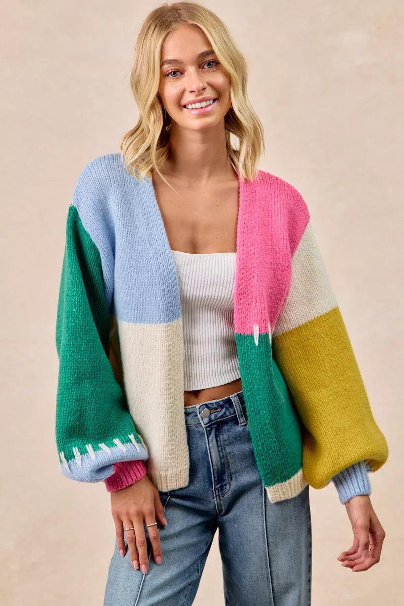 BiBi Color Block Open Front Sweater Cardigan HUNTER MULTI / S
