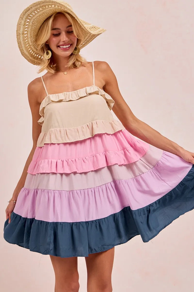 BiBi Color Blocked Tiered Dress CREAM/PINK/LILC/TEAL / S