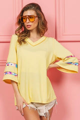 BiBi Cord Rib with Stitched Floral Contrast Top Light Yellow / M