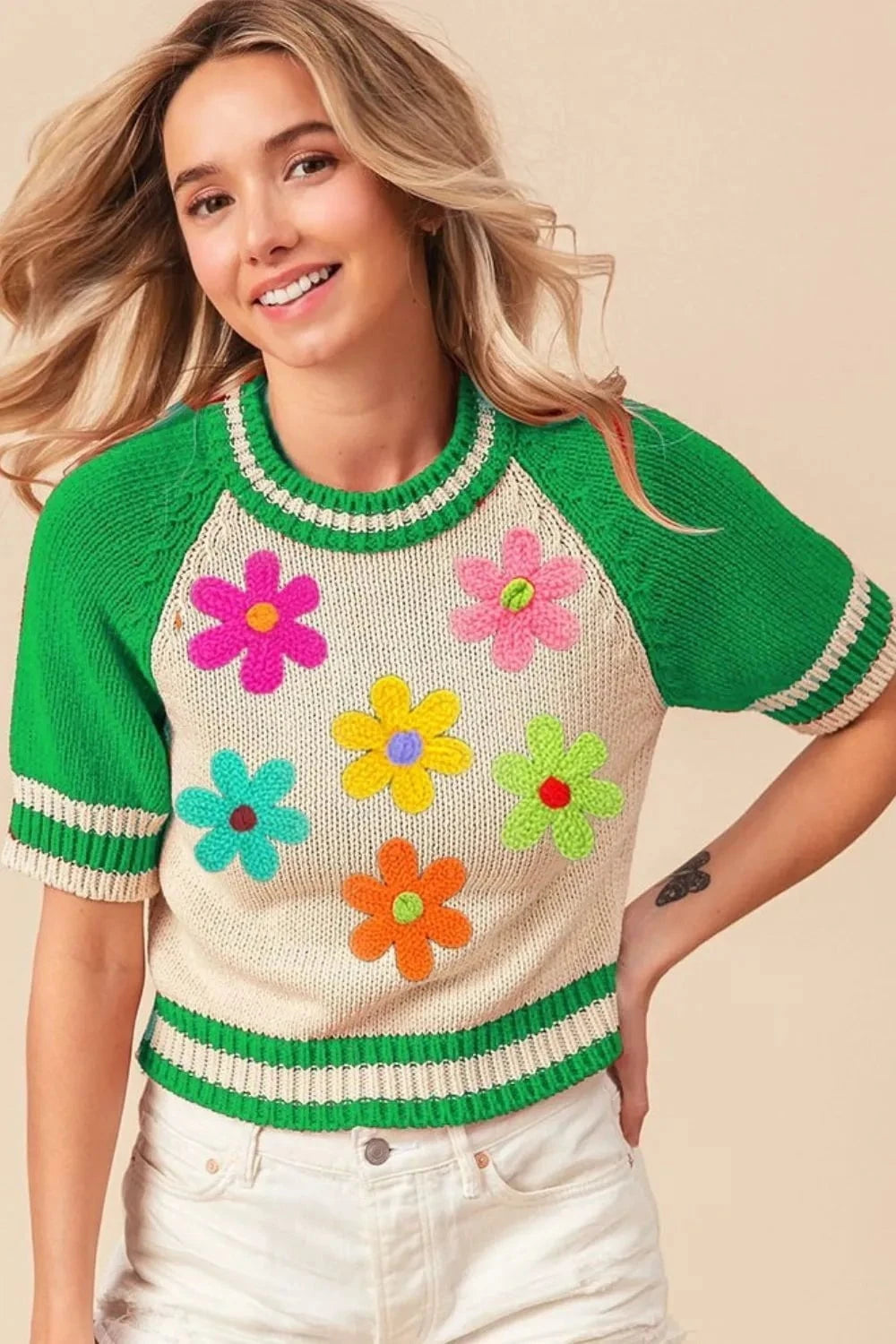 BiBi Crochet Flower Patches Striped Rib Band Sweater JADE / S