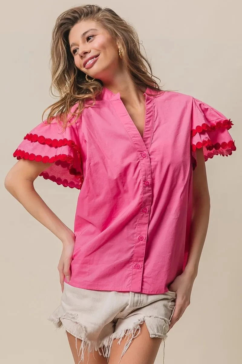 BiBi Dot Trim Flutter Sleeve Notched Top