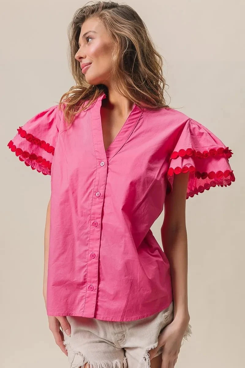 BiBi Dot Trim Flutter Sleeve Notched Top