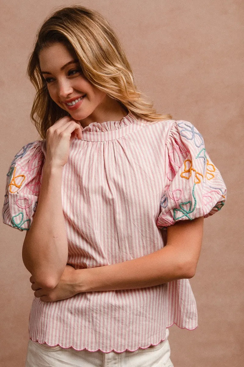 BiBi Embroidery Bubble Sleeve Top With Bottom Scallop Detail