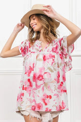 BiBi Floral Print Flutter Sheer Top