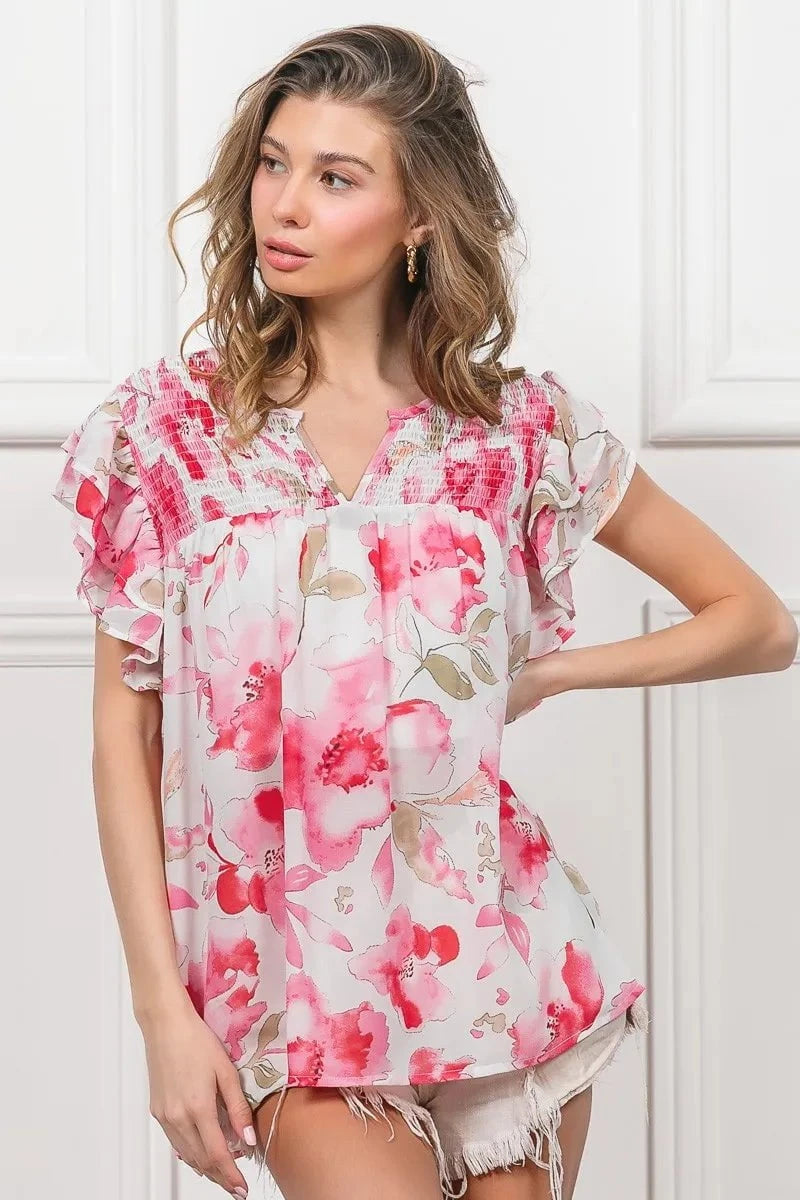 BiBi Floral Print Flutter Sheer Top