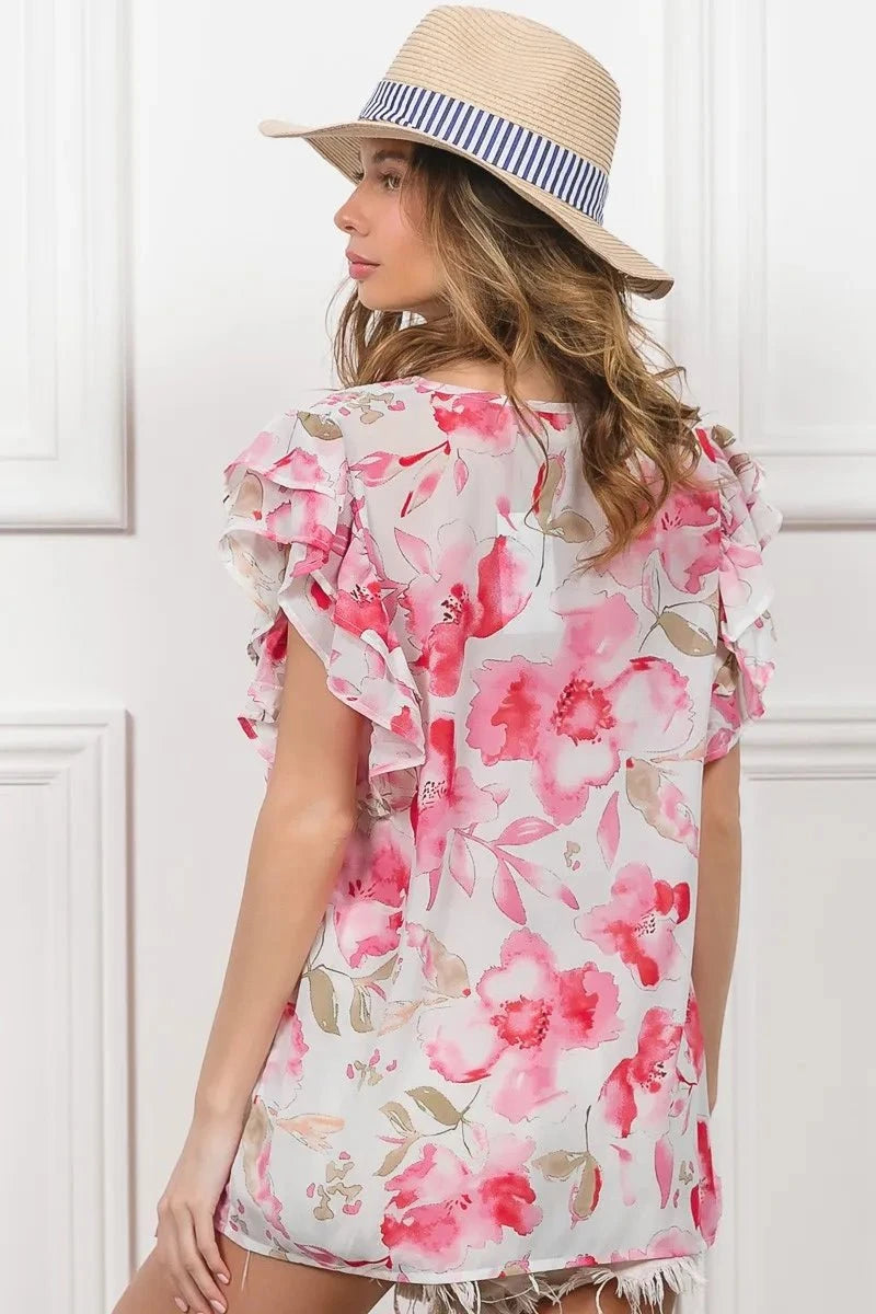 BiBi Floral Print Flutter Sheer Top