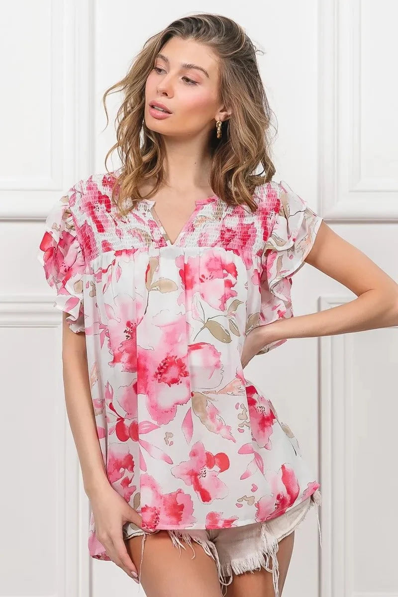 BiBi Floral Print Flutter Sheer Top FUCHSIA/WHITE / S