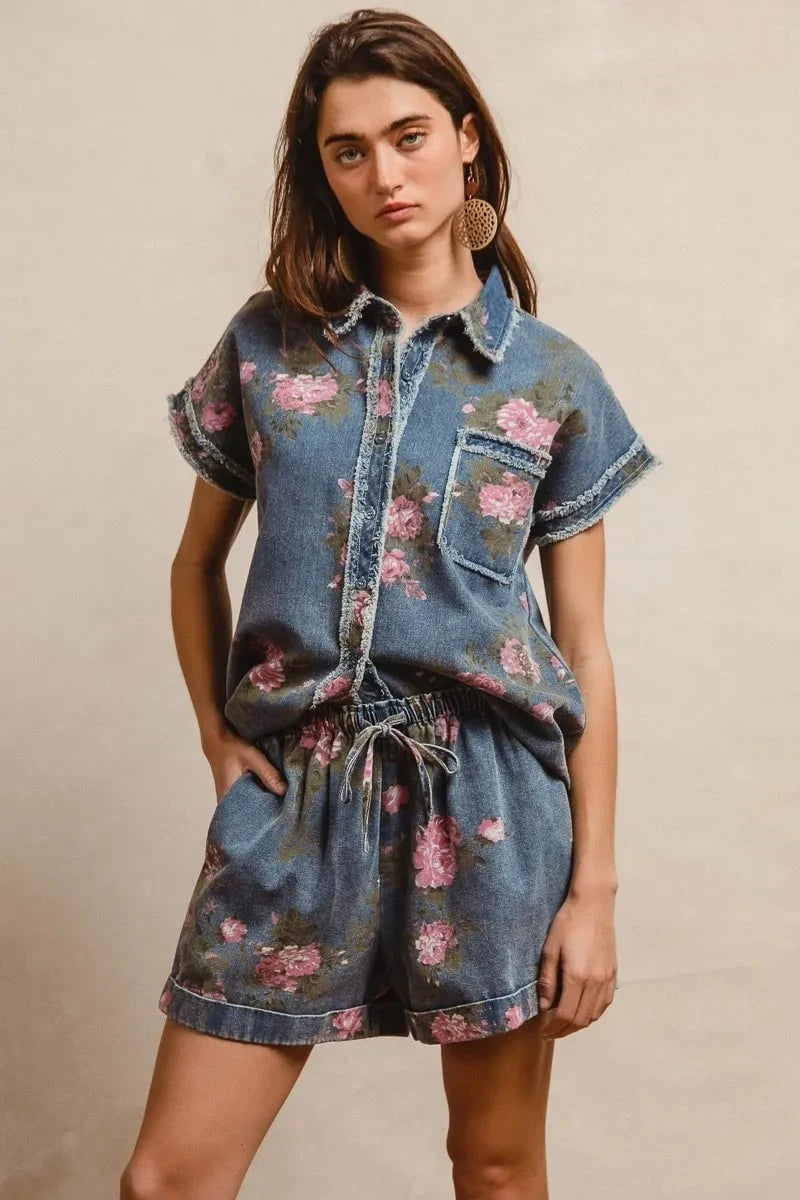 BiBi Floral Printed Denim Short Pants With Pocket