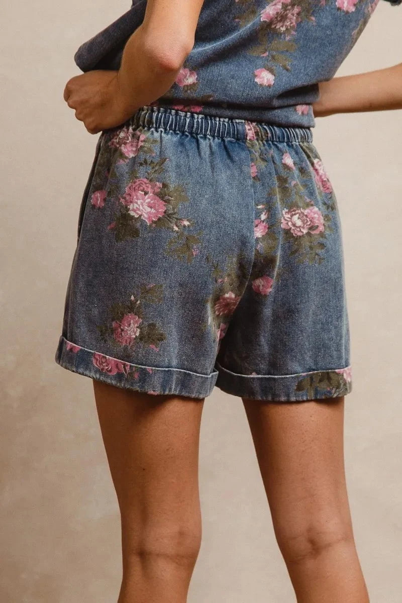BiBi Floral Printed Denim Short Pants With Pocket