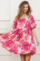 BiBi Floral Square Neck Puff Sleeve Mini Dress Hot Pink / S