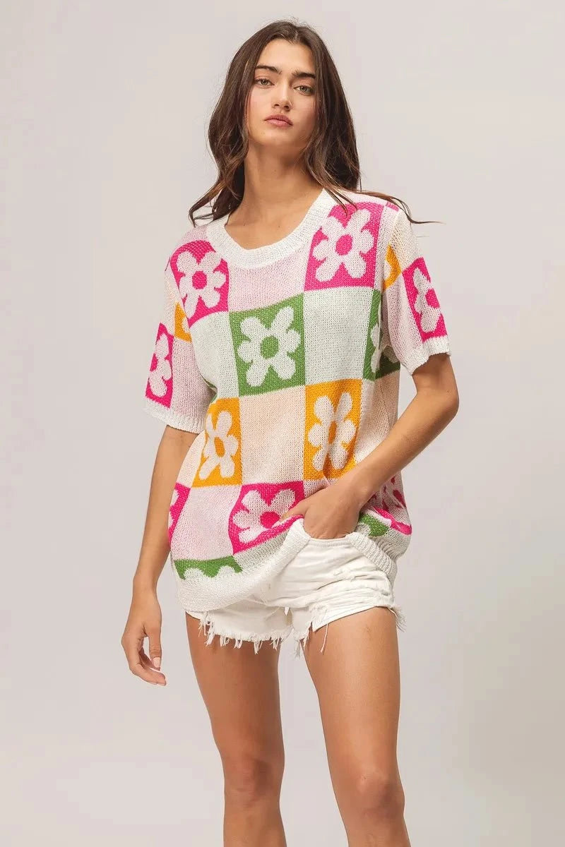 BiBi Flower Checker Pattern Lightweight Sweater Top