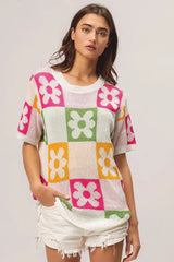 BiBi Flower Checker Pattern Lightweight Sweater Top