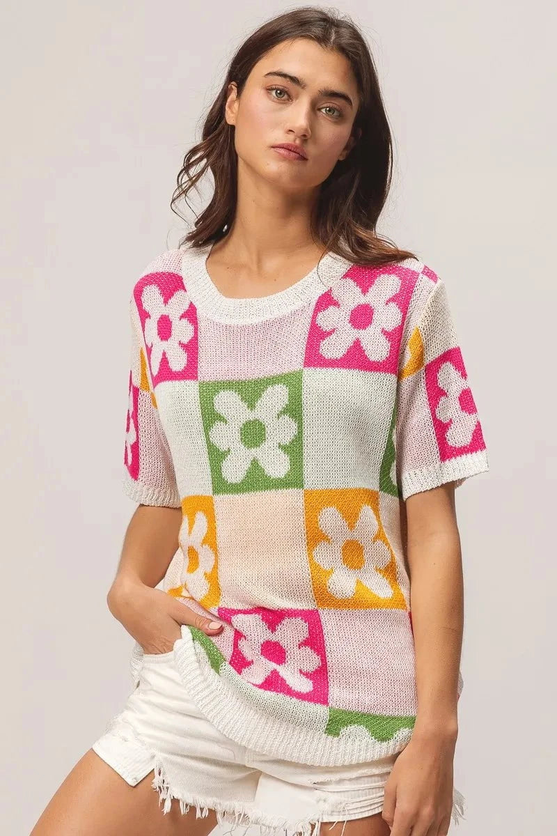 BiBi Flower Checker Pattern Lightweight Sweater Top