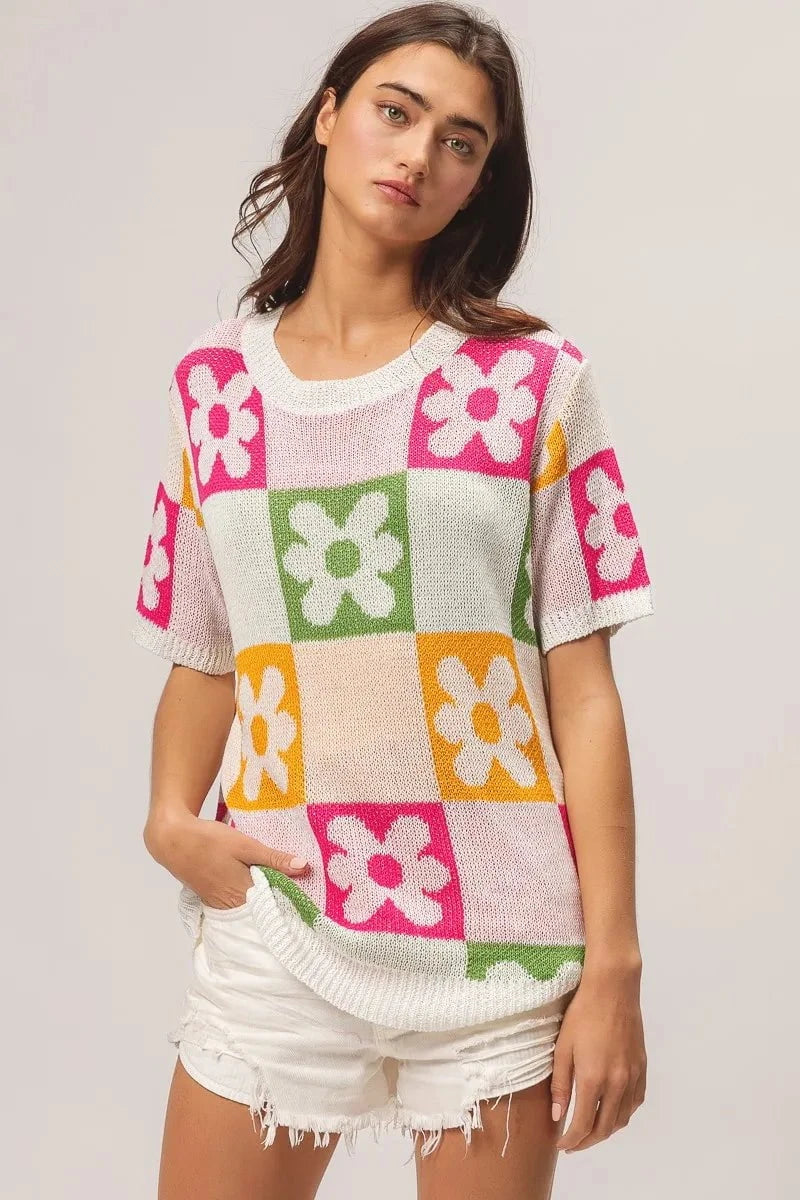 BiBi Flower Checker Pattern Lightweight Sweater Top
