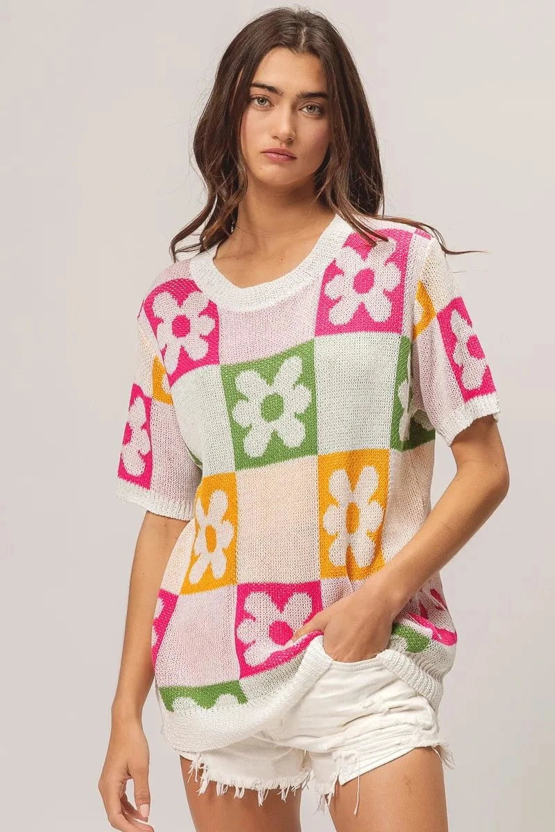 BiBi Flower Checker Pattern Lightweight Sweater Top