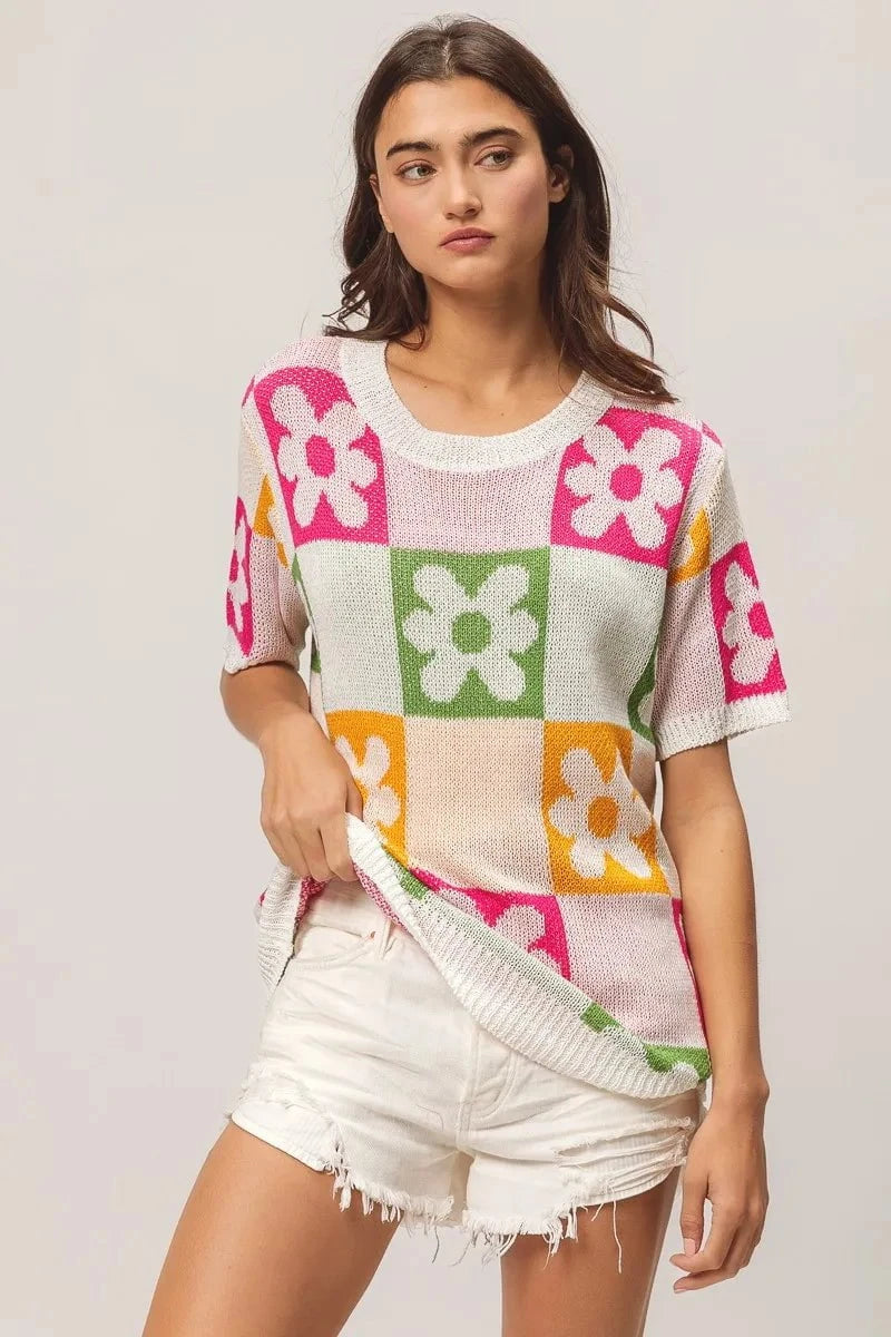 BiBi Flower Checker Pattern Lightweight Sweater Top
