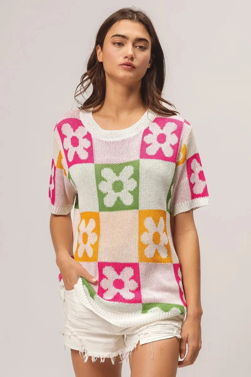 BiBi Flower Checker Pattern Lightweight Sweater Top