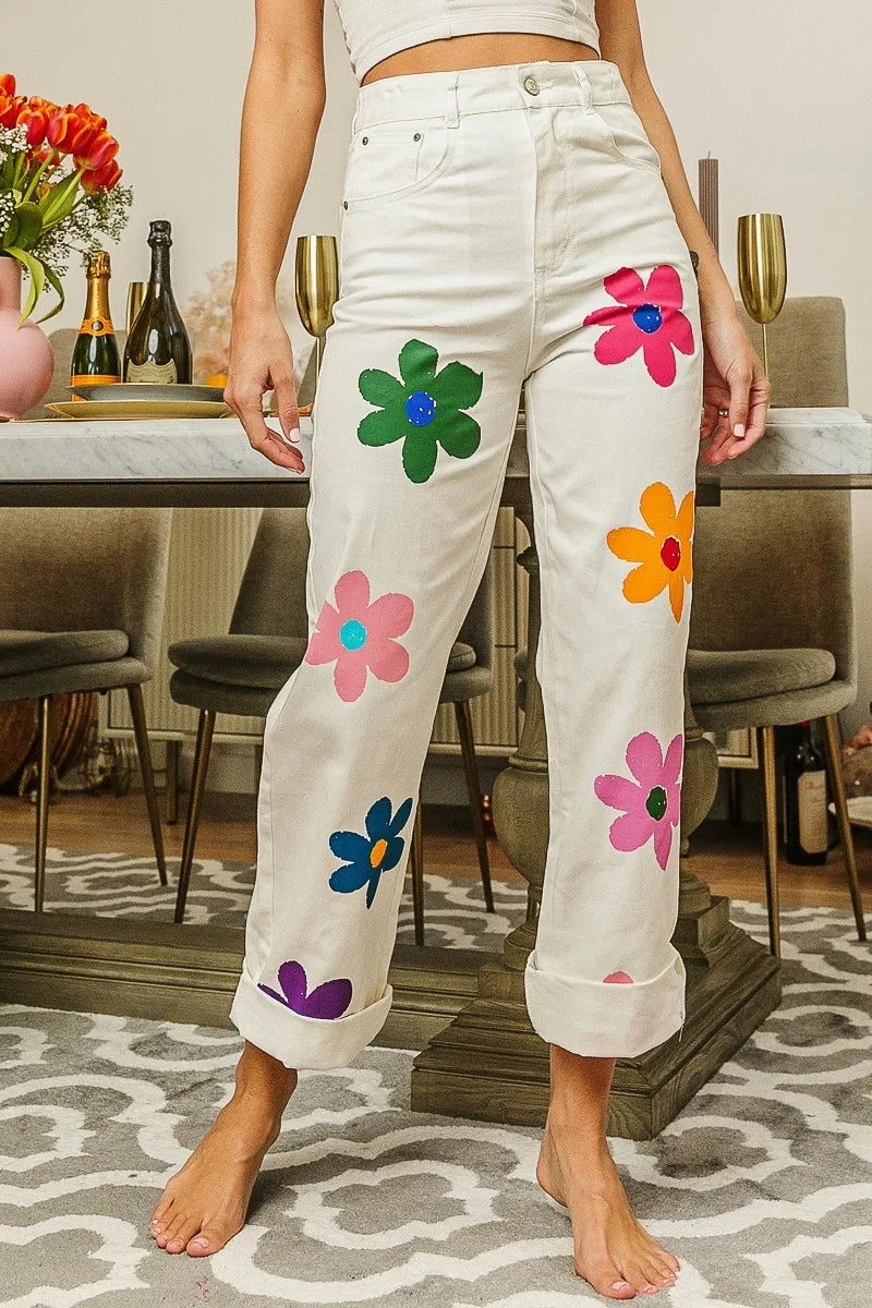 BiBi Flower Print Straight Legs Pants OFF WHITE / S