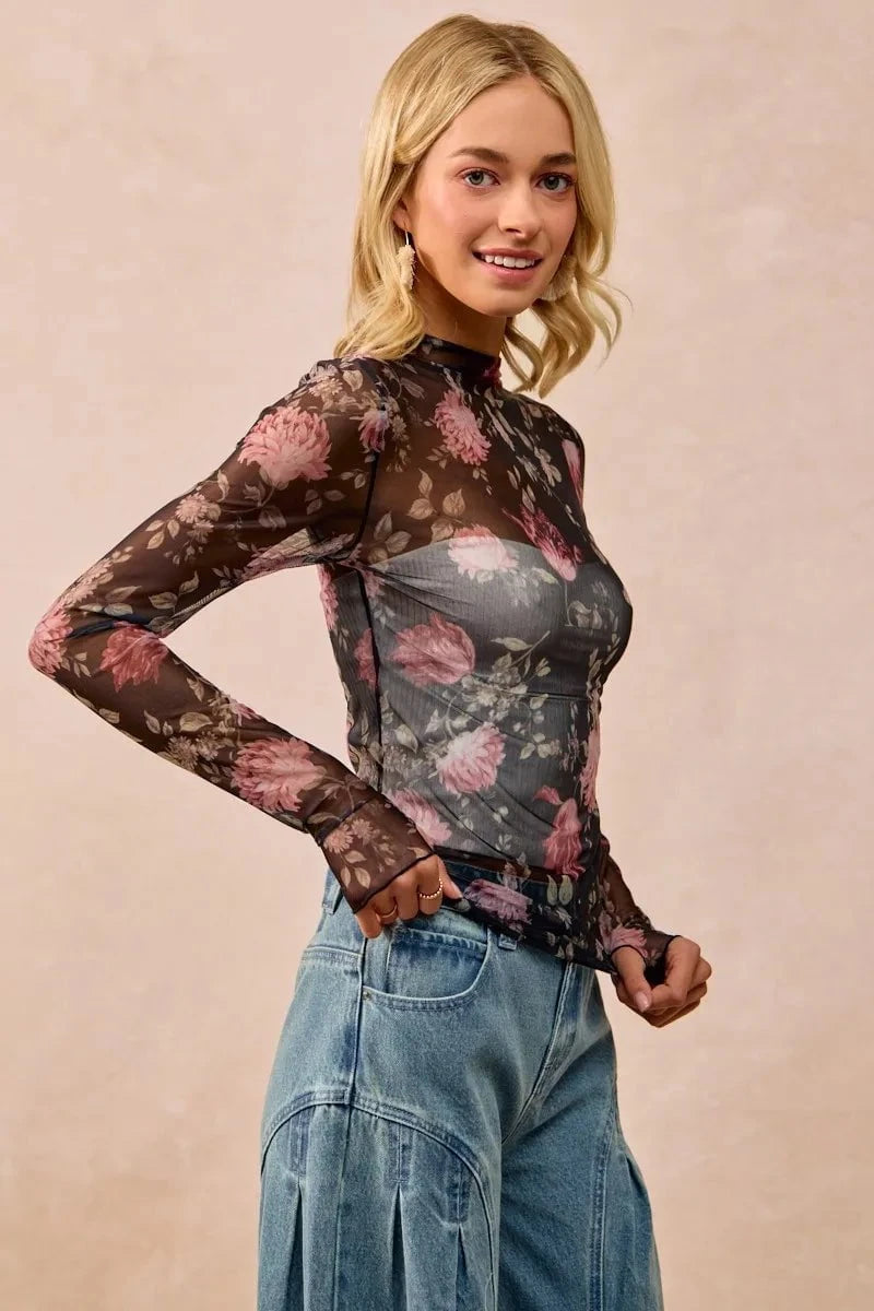 BiBi Flower Printed Mesh Lace Top with Thumb Opening