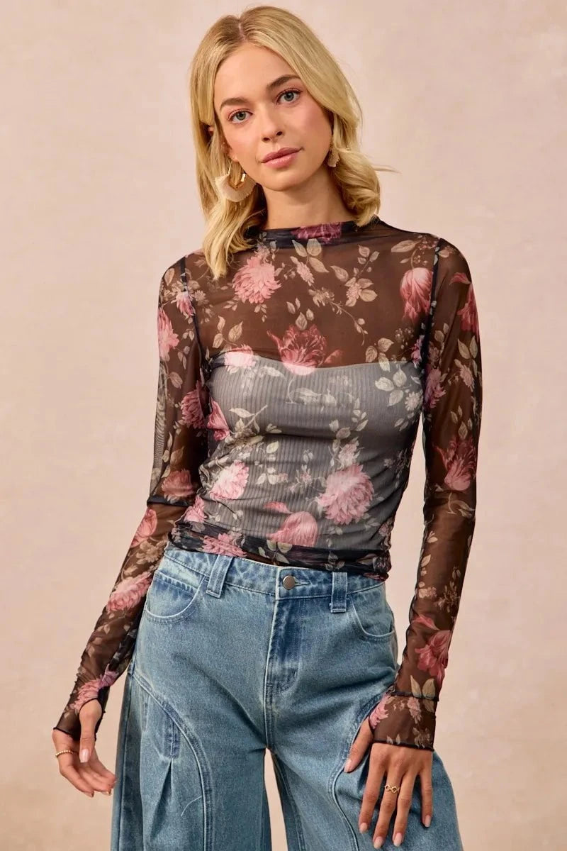 BiBi Flower Printed Mesh Lace Top with Thumb Opening