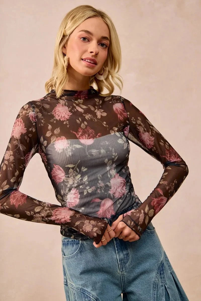 BiBi Flower Printed Mesh Lace Top with Thumb Opening