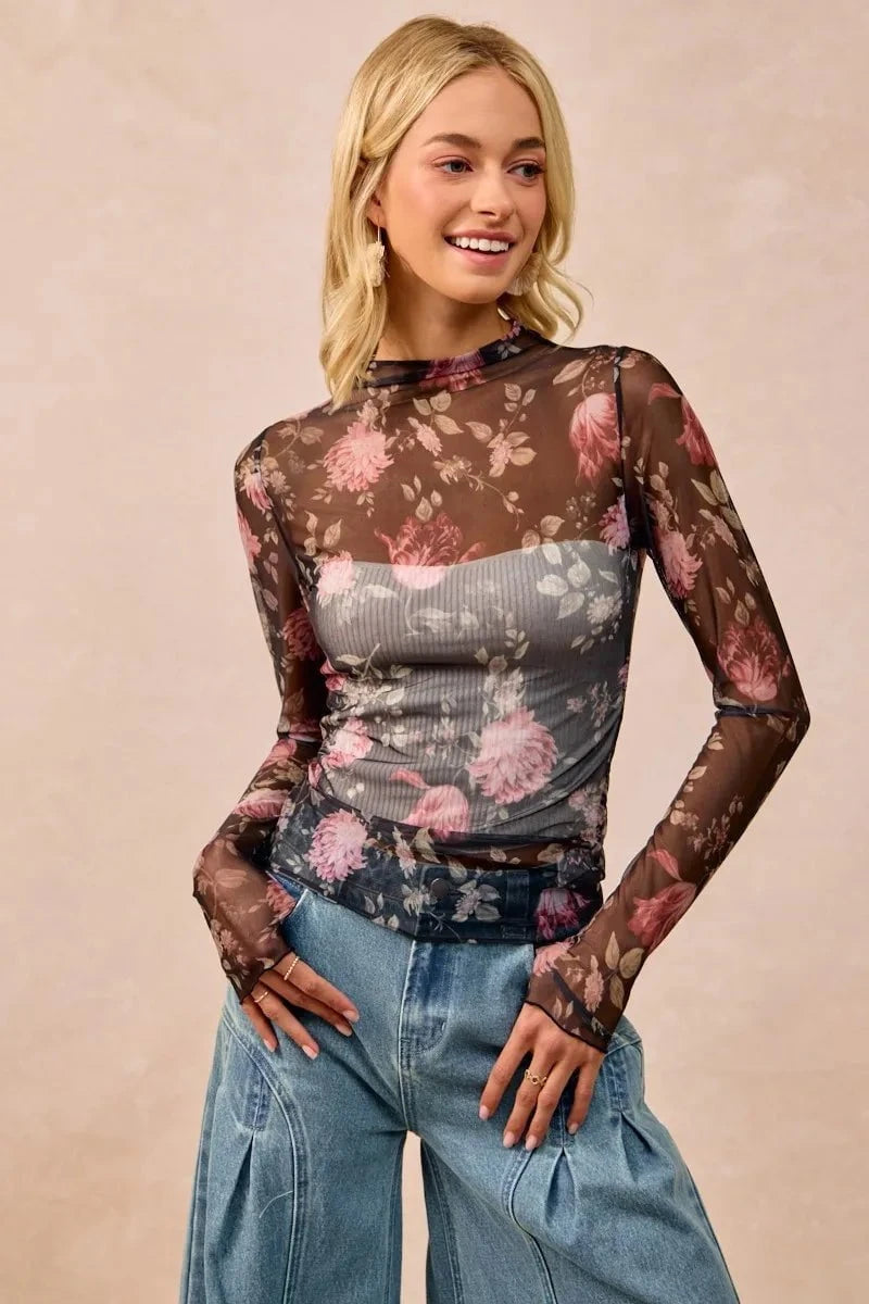 BiBi Flower Printed Mesh Lace Top with Thumb Opening BLACK/ROSE / S