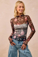 BiBi Flower Printed Mesh Lace Top with Thumb Opening BLACK/ROSE / S