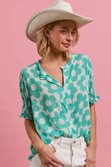 BiBi Flower Printed Woven Smocking Sleeves V Neck Top MINT / S