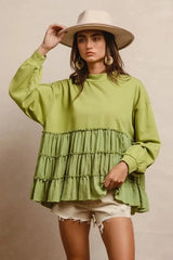 BiBi French Terry and Woven Mixed Tiered Top