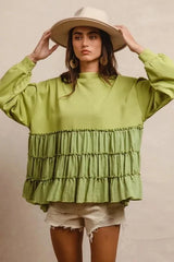 BiBi French Terry and Woven Mixed Tiered Top