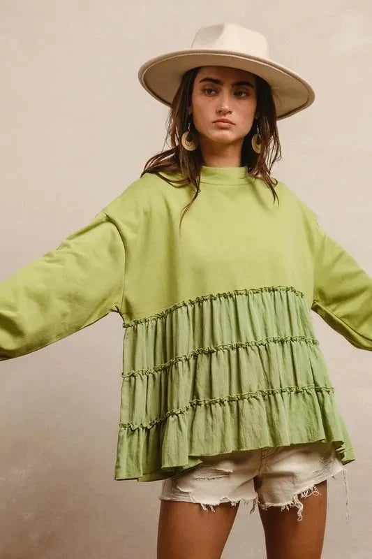 BiBi French Terry and Woven Mixed Tiered Top LT OLIVE / S