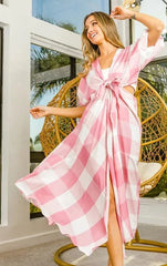 BiBi Front Tied Puff Sleeve Checkered Dress with Cut Out Detail