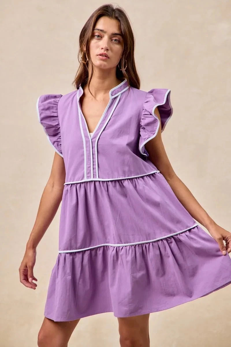 BiBi Gameday Theme Contrast Binding Ruffled Dress PURPLE / S