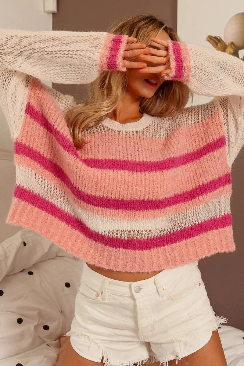 BiBi Hollow Out Yoke Detail Striped Sweater