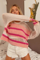 BiBi Hollow Out Yoke Detail Striped Sweater IVORY/BLUSH/FUCHSIA / S