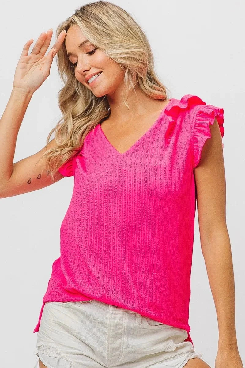 BiBi Layered Ruffles Armhole V-neck Rib Textured Top