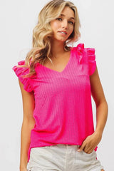 BiBi Layered Ruffles Armhole V-neck Rib Textured Top FUCHSIA / S