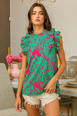 BiBi Leopard Leaves Print Woven Top JADE/FUCHSIA / S