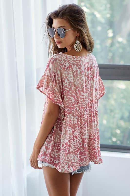 BiBi Leopard Print Gauze Woven Flutter Sleeve Blouse