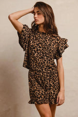 BiBi Leopard Print Waffle Texture Layered Ruffle Sleeve Top and Shorts Set