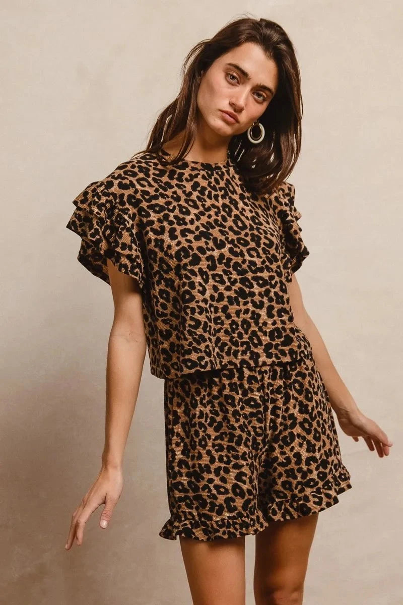 BiBi Leopard Print Waffle Texture Layered Ruffle Sleeve Top and Shorts Set TAUPE/BLACK / S