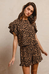 BiBi Leopard Print Waffle Texture Layered Ruffle Sleeve Top and Shorts Set TAUPE/BLACK / S