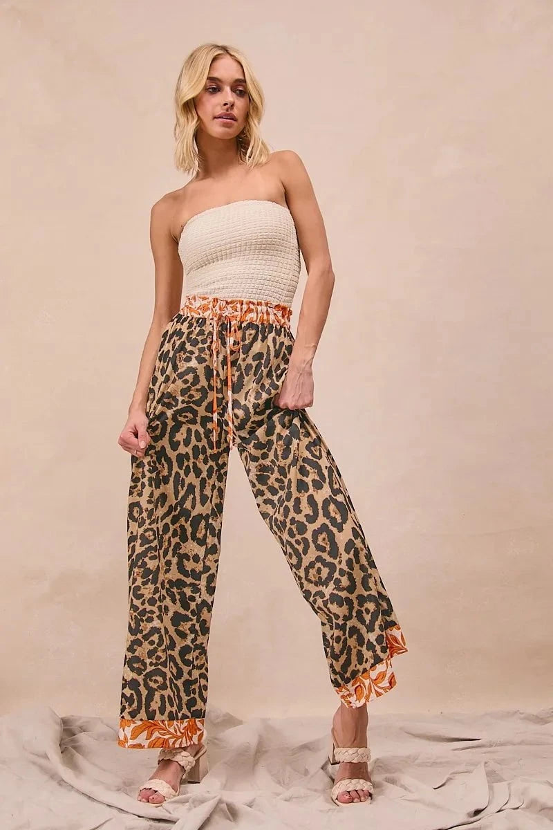 BiBi Leopard Print With Contrast Banded Wide Pants