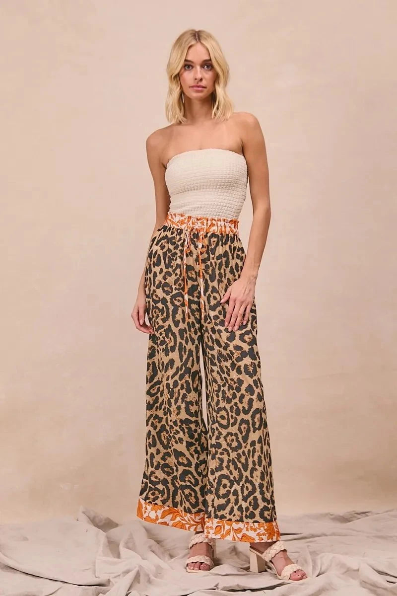 BiBi Leopard Print With Contrast Banded Wide Pants