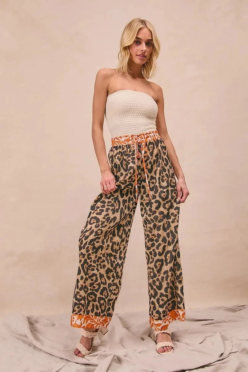 BiBi Leopard Print With Contrast Banded Wide Pants