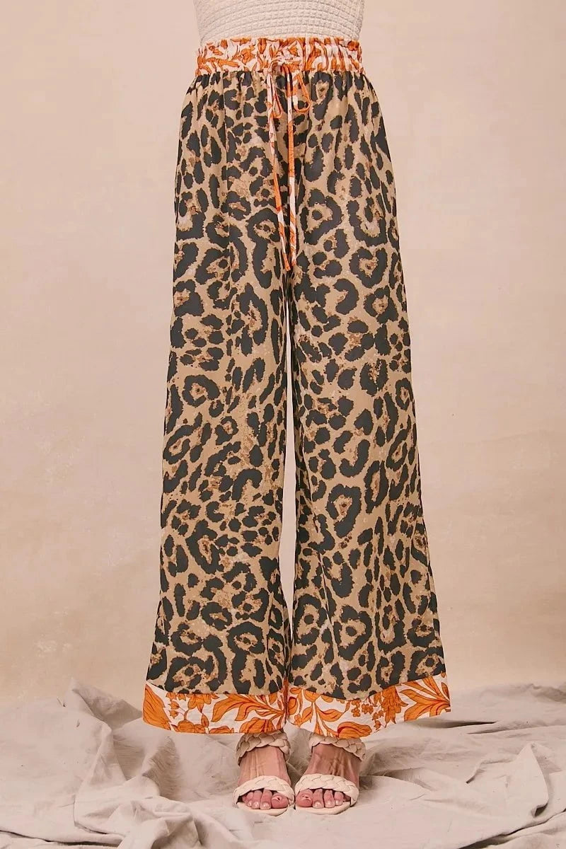 BiBi Leopard Print With Contrast Banded Wide Pants