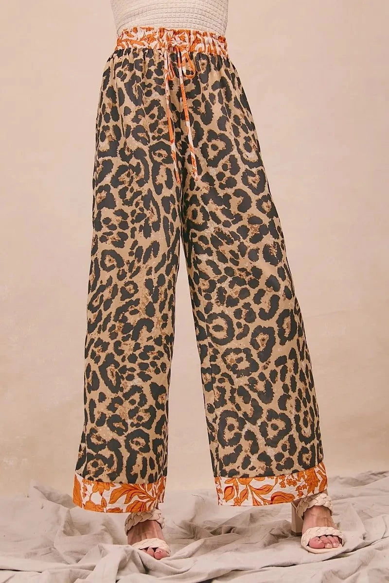 BiBi Leopard Print With Contrast Banded Wide Pants LEOPARD/RUST / S